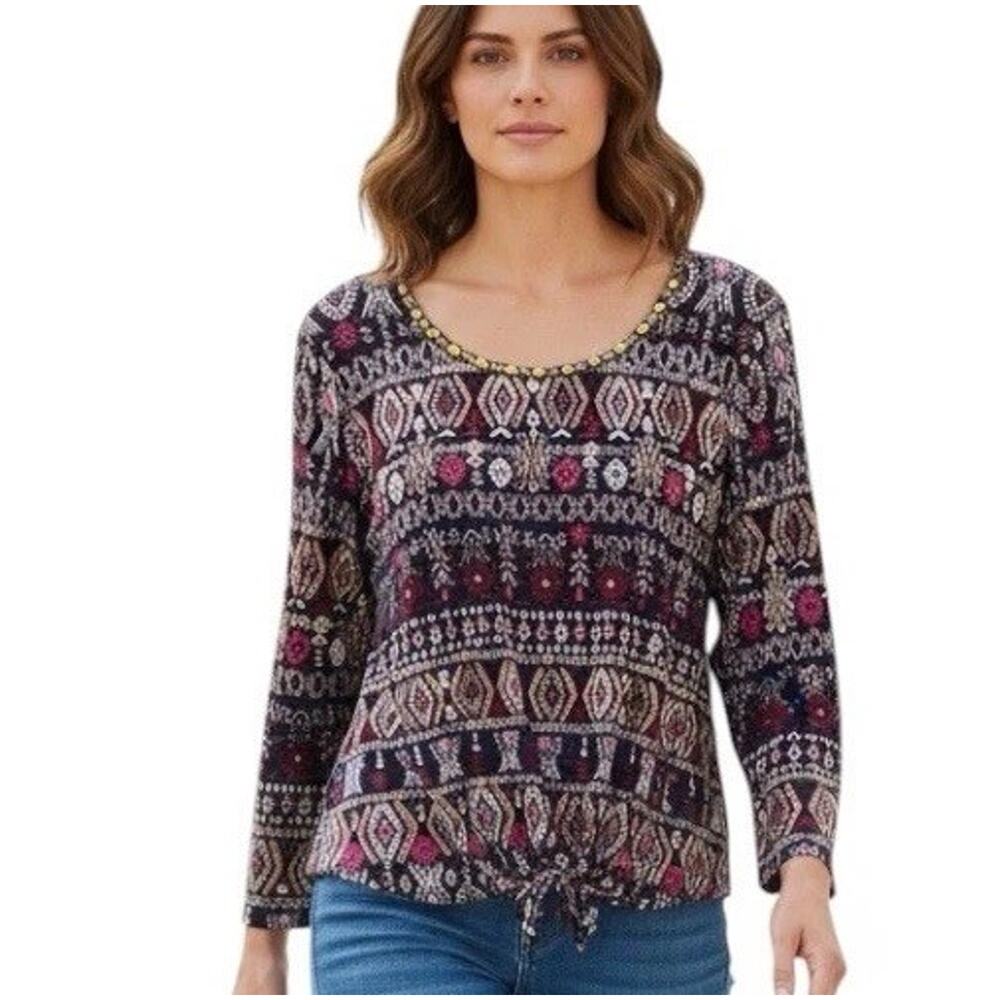 Women’s Ruby Rd. Top -LARGE Long Sleeves-Bottom Tie Gold Metal Neck Sequin Beads